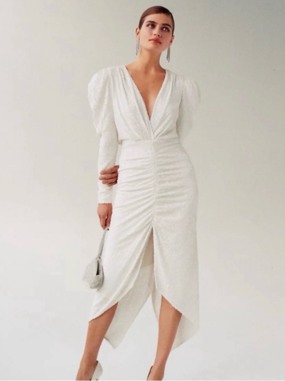 Ronny Kobo Astrid Ruched Sequins Midi Dress in White XS